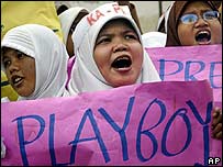Indonesian Muslim protesters shout slogans during an anti-pornography rally in Jakarta