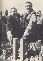 Governor Nelson Rockefeller (left) with Mayor John Lindsay inspect model of Twin Towers.